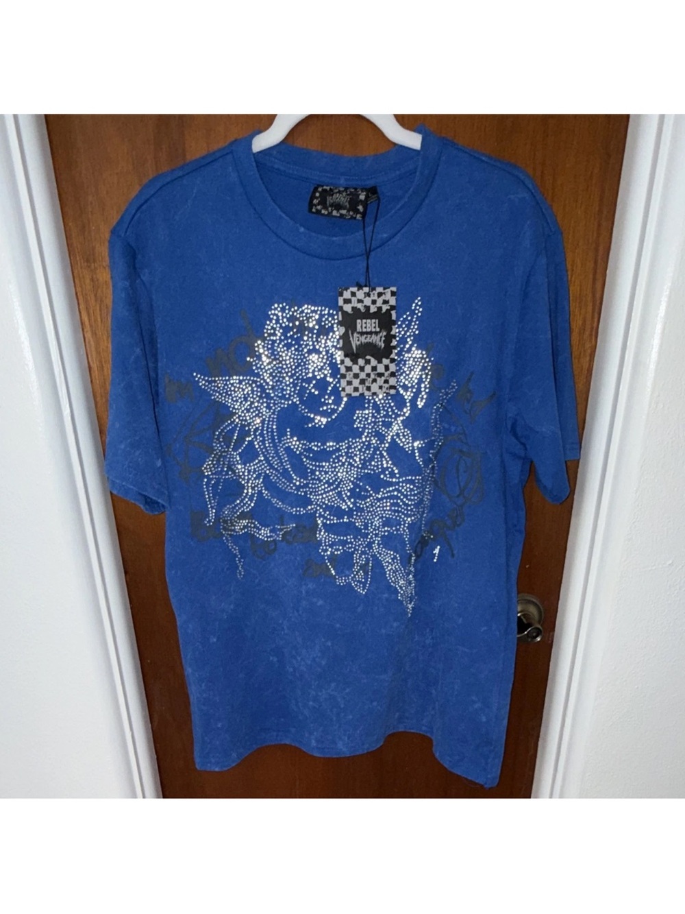 Rebel Vengeance Blue Rhinestone Angel Graphic T-Shirt NWT Size L
